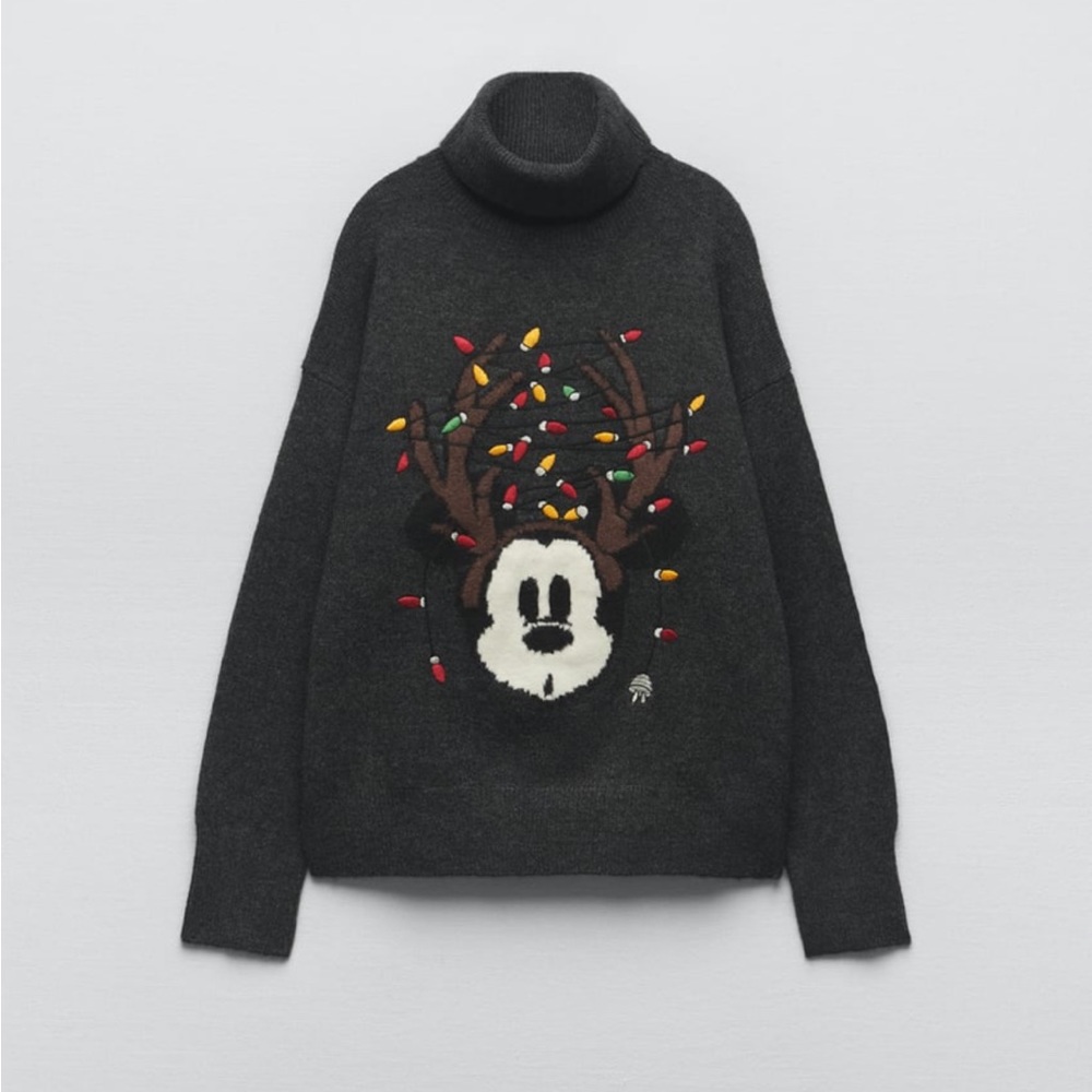 Zara Charcoal Turtleneck Sweater with Festive Mickey Reindeer Motif